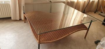 glazen rotan salontafel, Huis en Inrichting, Tafels | Salontafels, Ophalen, 50 tot 100 cm, Vierkant, 50 tot 100 cm