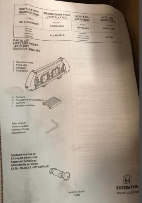 Skidrager 2 paar ski's Honda 08L03TA1601, Auto diversen, Dakdragers, Nieuw, Ophalen of Verzenden