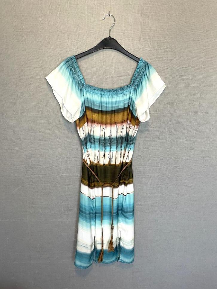 Blauw/Wit/Bruine jurk met taillelint van Marie Méro (40), Kleding | Dames, Jurken, Zo goed als nieuw, Maat 38/40 (M), Overige kleuren
