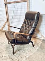 Vintage lederen lounge zetel, Huis en Inrichting, Fauteuils, Ophalen, Gebruikt, Hout