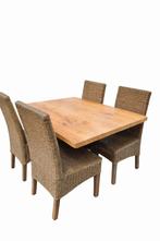 Industriële eettafel met 4 rotan stoelen – Massief blad, Ophalen of Verzenden, Zo goed als nieuw, Industriël, 4 tot 6 stoelen