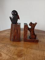 Vintage jaren’70 handgesneden houten boekensteunen hond/raaf, Ophalen of Verzenden, Gebruikt