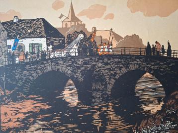 Houtsnede in kleur Romeo Dumoulin Procession sur le pont beschikbaar voor biedingen