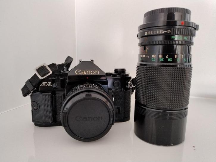 Canon A1 Camera met een Canon FD 50mm 1:1.8 lens+ 70-150lens, Audio, Tv en Foto, Fotocamera's Analoog, Zo goed als nieuw, Spiegelreflex