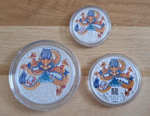 PM Lunar 3 Dragon/Draak 1/2oz + 1oz + 2oz zilver 2024 COLOUR, Timbres & Monnaies, Monnaies | Océanie, Série, Argent, Enlèvement ou Envoi