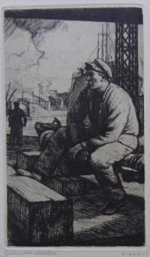 JAAK GORUS / ZITTENDE DOCKER / ZW-W ETS / 32x25cm / SIG, Antiek en Kunst, Kunst | Litho's en Zeefdrukken, Ophalen of Verzenden