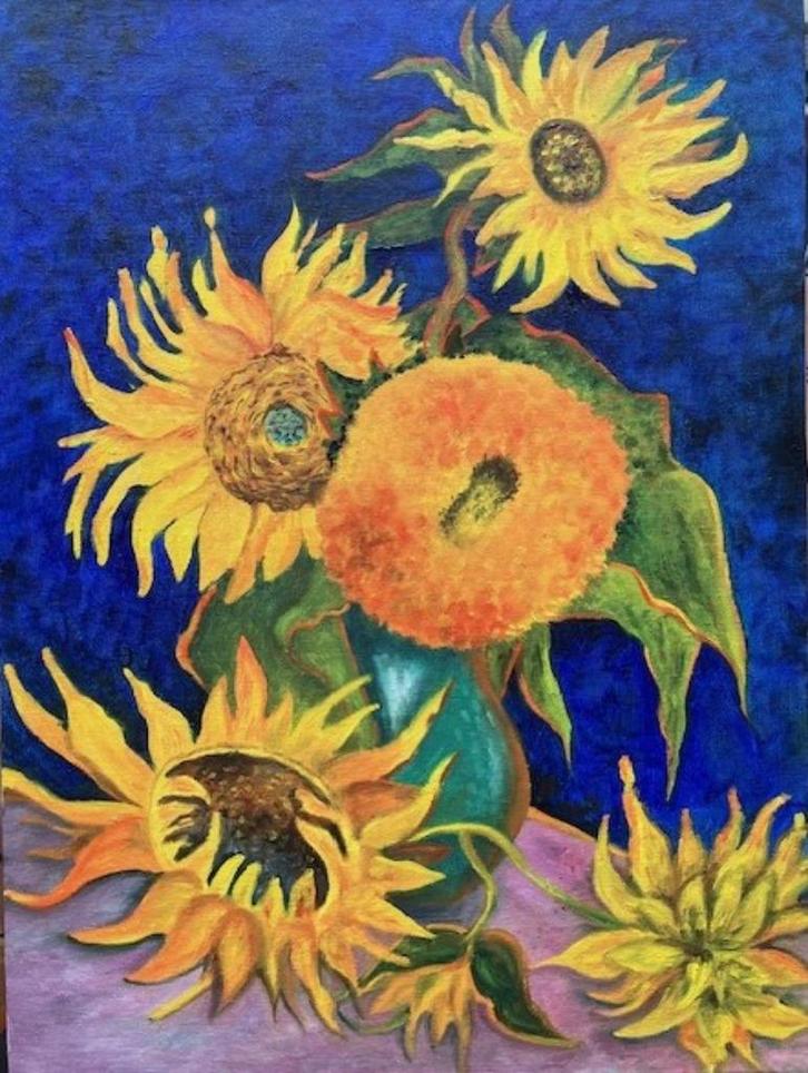"Sunflowers a la Van Gogh" (Oil painting by Kuijken, 30x40 c, Antiek en Kunst, Kunst | Schilderijen | Modern, Ophalen of Verzenden
