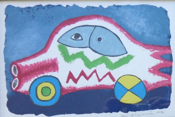 JOSE DE GUIMARAES / AUTO / KLEURLITHO / 35x45cm / KADER SIG, Antiek en Kunst, Kunst | Litho's en Zeefdrukken, Ophalen of Verzenden