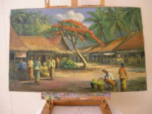 Indonesië Tafereel Dessa (Dorp) met Bomen en op de achter gr, Antiek en Kunst, Kunst | Schilderijen | Klassiek, Ophalen of Verzenden