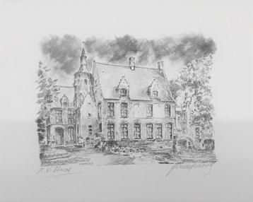 Kasteel Walburg St.-Niklaas 1931 houtskool ets beschikbaar voor biedingen