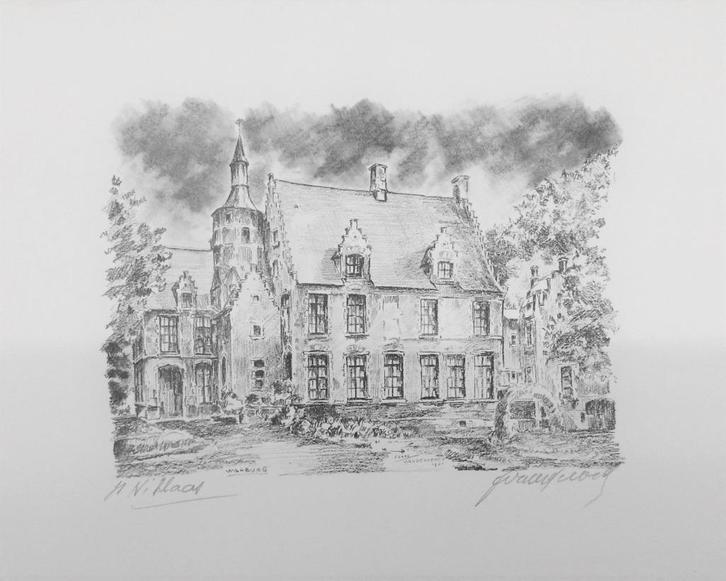 Kasteel Walburg St.-Niklaas 1931 houtskool ets, Antiek en Kunst, Kunst | Etsen en Gravures, Ophalen of Verzenden
