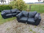 Salonset (2-zit & 3-zit) in zwarte semileer, Ophalen, Gebruikt, Overige maten, 150 tot 200 cm