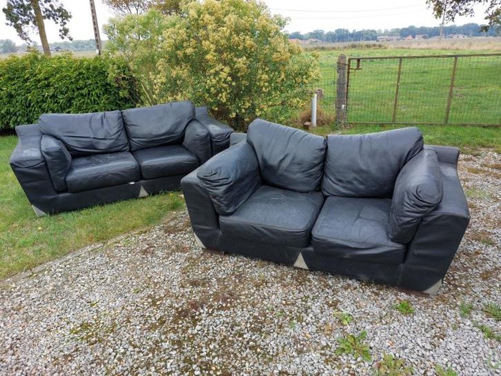 Salonset (2-zit & 3-zit) in zwarte semileer, Huis en Inrichting, Zetels | Zetels, Gebruikt, Rechte bank, Overige maten, 150 tot 200 cm