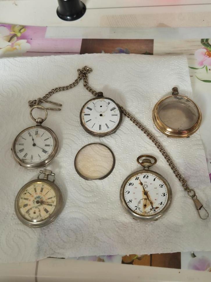 Horlogesets met zak, cilinders, ketting en koffer, Handtassen en Accessoires, Horloges | Antiek, Zakhorloge, Overige merken, Zilver