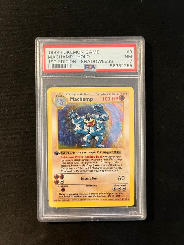 1st Edition Machamp Shadowless, Hobby en Vrije tijd, Verzamelkaartspellen | Pokémon, Zo goed als nieuw, Losse kaart, Foil, Ophalen of Verzenden