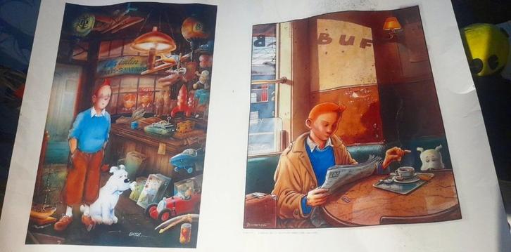 TinTin -Zeldzame Dubbel Print -Hommage aan Hergé-Gesigneerd, Antiek en Kunst, Kunst | Litho's en Zeefdrukken, Ophalen of Verzenden