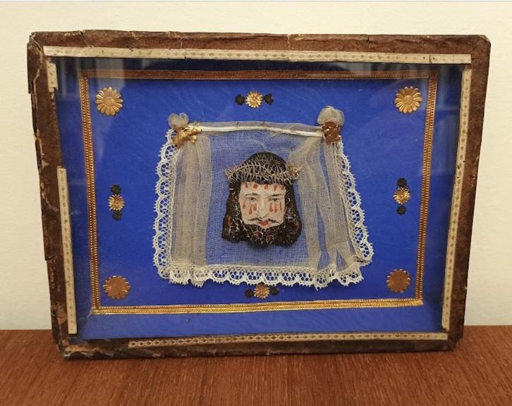 antiek, papier maché  hoofdje Jezus, gewaden, goudpapier, 3D, Antiek en Kunst, Curiosa en Brocante, Ophalen of Verzenden