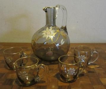 Antieke art nouveau likeur set; email glas karaf + glaasjes beschikbaar voor biedingen