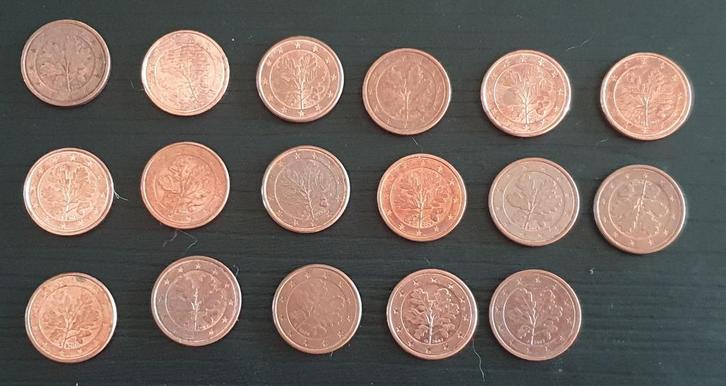 17 munten van 1 eurocent van Duitsland, Postzegels en Munten, Munten | Europa | Euromunten, Setje, Duitsland, Ophalen of Verzenden