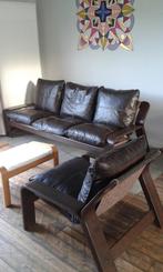 Salon / Zetel 3-delig Vintage hout en leder, uniek stuk, Antiek en Kunst, Ophalen