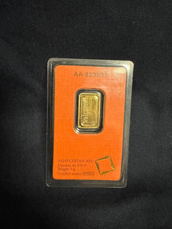 Valcambi Suisse 5 gram goudbaar, Postzegels en Munten, Edelmetalen en Baren, Goud, Ophalen of Verzenden