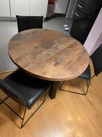 Ronde houten tafel +3 lederen stoelen, Gebruikt, Ophalen