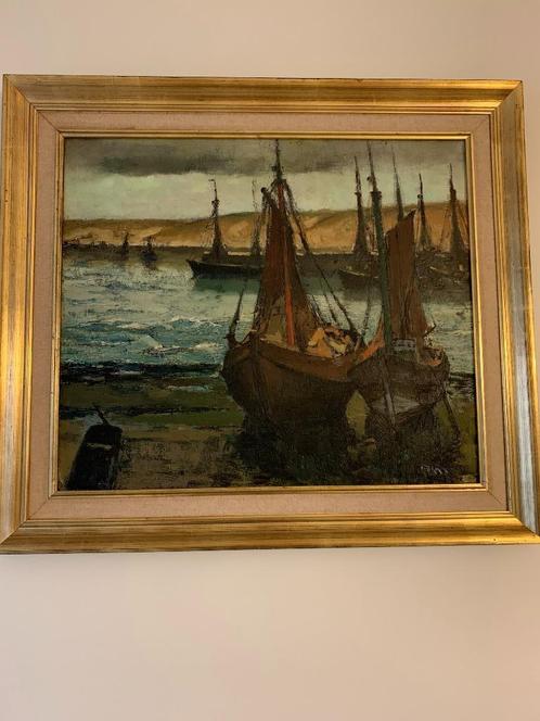 Aan gestrand vissersbootjes . Emile Bulcke, Antiek en Kunst, Kunst | Schilderijen | Klassiek, Ophalen of Verzenden