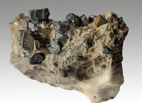 GALENIET kristallen op kalksteen uit België., Verzamelen, Mineralen en Fossielen, Mineraal, Ophalen of Verzenden