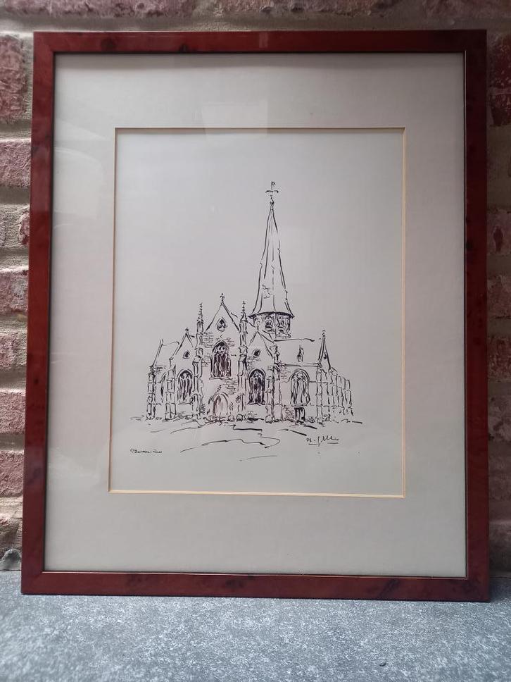 André Gailliaerde -  Pentekening - St. Martinuskerk, Beveren, Antiek en Kunst, Kunst | Etsen en Gravures, Ophalen of Verzenden