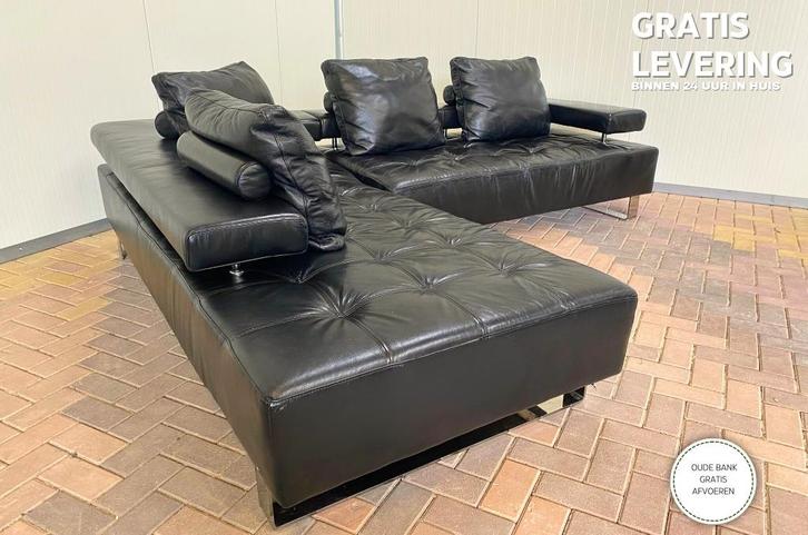 GRATIS LEVERING HEEL BE Zwarte Montel Echt Leren Hoekbank, Huis en Inrichting, Zetels | Zetels, Zo goed als nieuw, Hoekbank, Vierpersoons of meer
