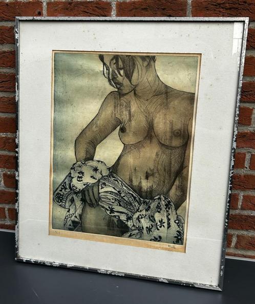 Naakt met doek, ingekleurde ets, R. Calle 1970s, Antiek en Kunst, Kunst | Etsen en Gravures, Verzenden