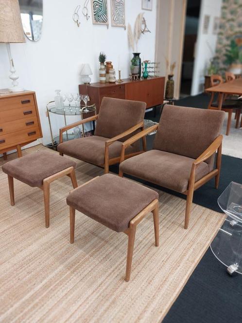 Vintage fauteuil bruin met verstelbaar voetenbankje, Maison & Meubles, Fauteuils, Tissus, Enlèvement