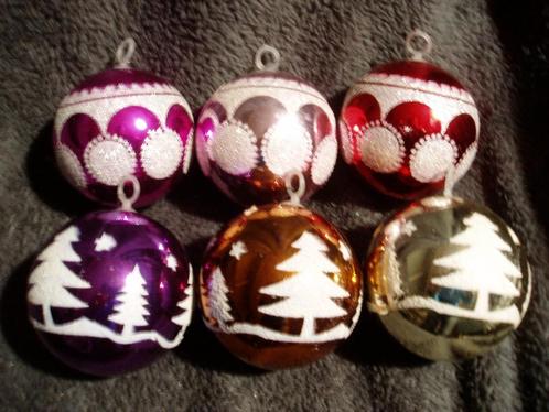 6 vintage kerstballen in verschillende kleuren, Divers, Noël, Comme neuf, Enlèvement