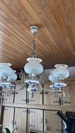 Tinnen luster met Delft blauw handgeschilderd., Huis en Inrichting, Lampen | Kroonluchters, Gebruikt, Glas, Ophalen