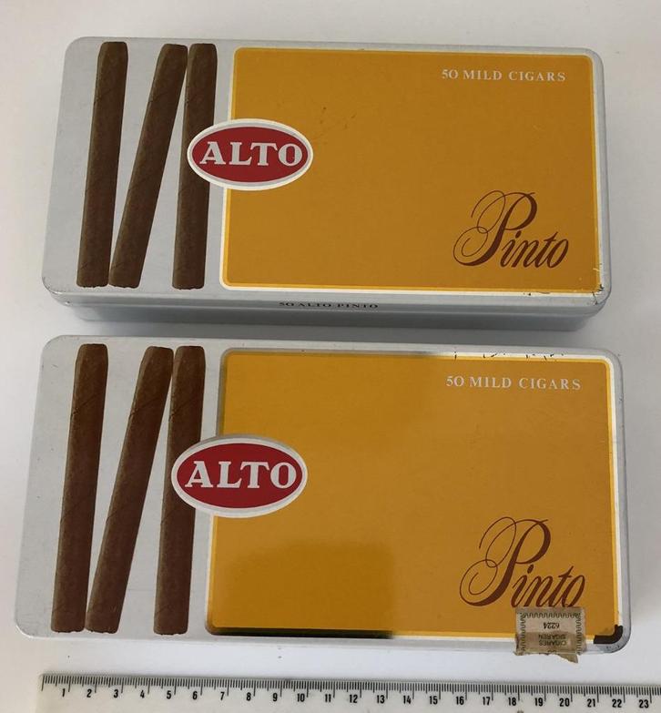 Sigarenblik Alto - 2 stuks - 50 mild cigars "Alto Pinto", Verzamelen, Rookartikelen, Aanstekers en Luciferdoosjes, Gebruikt, Tabaksdoos of Verpakking