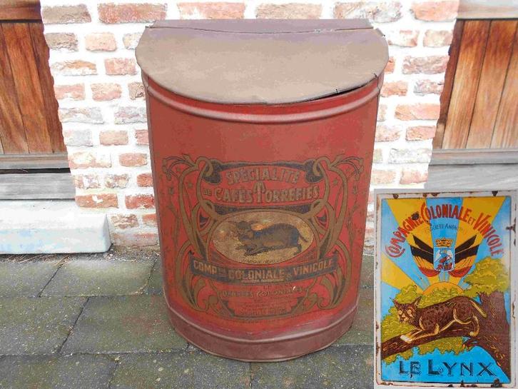 Boîte à café du XIXe siècle (société coloniale Le Lynx), Collections, Boîte en métal, Utilisé, Café, Autres marques, Enlèvement ou Envoi