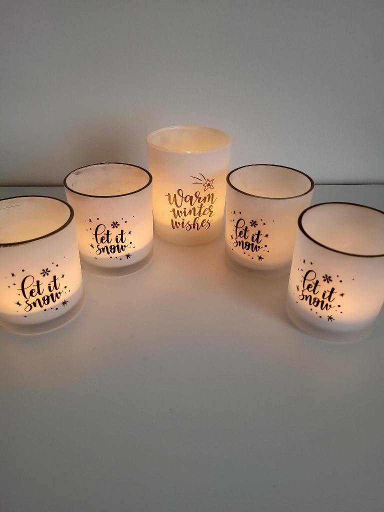 spaas matte witte glazen potjes theelichthouders Let it snow, Overige materialen, Gebruikt, Ophalen of Verzenden, Crème