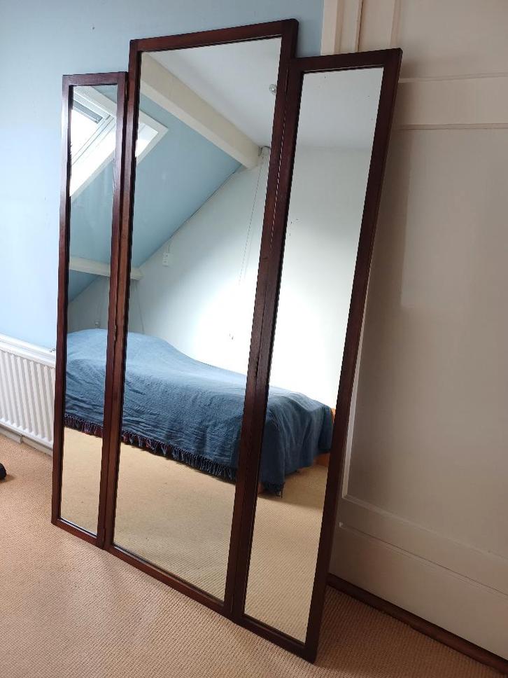 Antieke staande drieluik passpiegel, Antiek en Kunst, Antiek | Spiegels, 100 tot 150 cm, 150 tot 200 cm, Rechthoekig, Ophalen