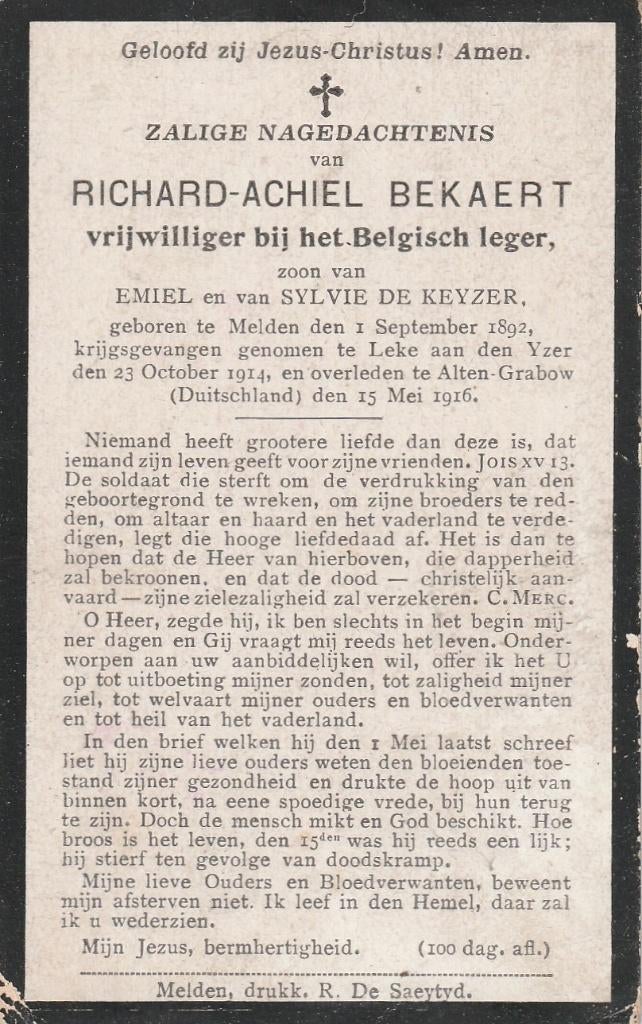 B P OORLOG BEKAERT MELDEN 1892 - 1916, Ophalen of Verzenden, Bidprentje