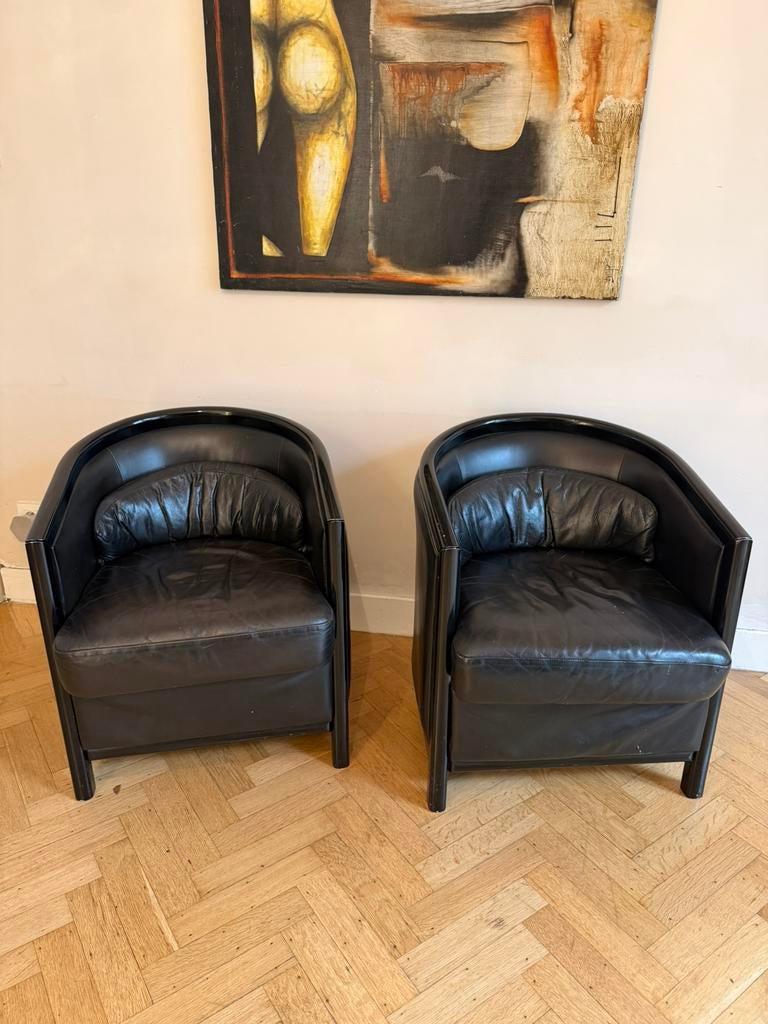 Paar zwarte leren clubstoelen | Gervan Belgium, Ophalen, Gebruikt, Minder dan 75 cm, Leer