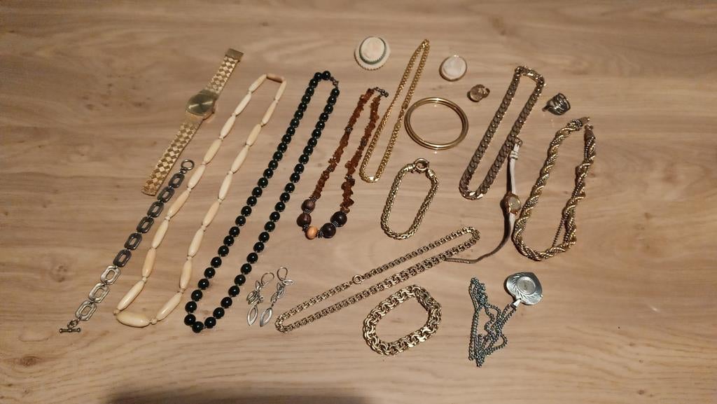 Beau lot de bijoux anciens et de montres en métal doré, Envoi, Or, Collier, Doré
