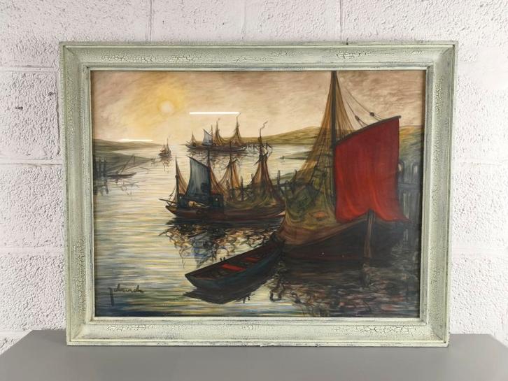 Theo Idserda aquarel - havengeul Nieuwpoort, Antiek en Kunst, Kunst | Schilderijen | Klassiek, Ophalen