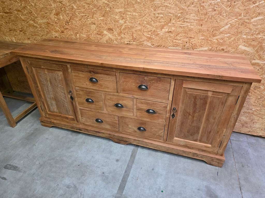 Prachtige massief teakhouten dressoir 200cm.vaste prijs, Ophalen