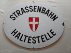mooi emaille bord "Strassenbahn-Haltestelle" = tramhalte, Envoi, Utilisé, Panneau publicitaire