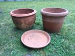 2 bloempotten en 1 schaal in Terracotta., Tuin en Terras, Gebruikt, Rond, Minder dan 40 cm, Terracotta