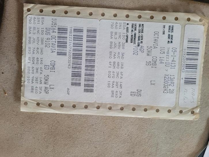 Étiquette Identification d'Usine SKODA OCTAVIA COMBI 1.9SDI, Autos : Pièces & Accessoires, Autres pièces automobiles, Skoda, Neuf