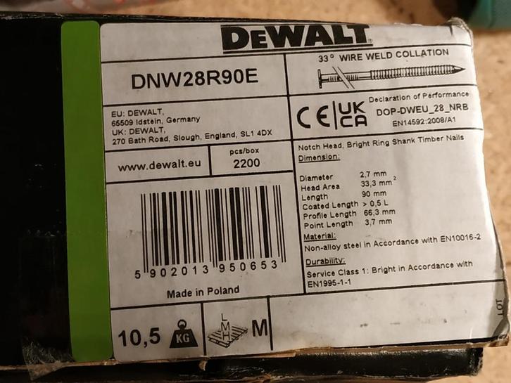 DeWalt DNW28R90E gegolfde constructienagels - 2,8 x 90 mm, Doe-het-zelf en Bouw, IJzerwaren en Bevestigingsmiddelen, Nieuw, Spijkers