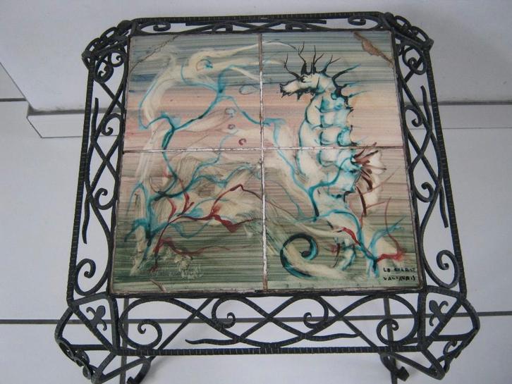 2 salontafels uit smeedwerk met keramische tegels, Huis en Inrichting, Tafels | Salontafels, Gebruikt, Minder dan 50 cm, Vierkant
