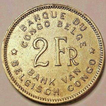 Muntstuk 2 Franken Belgisch Congo 1947 zelden stuk