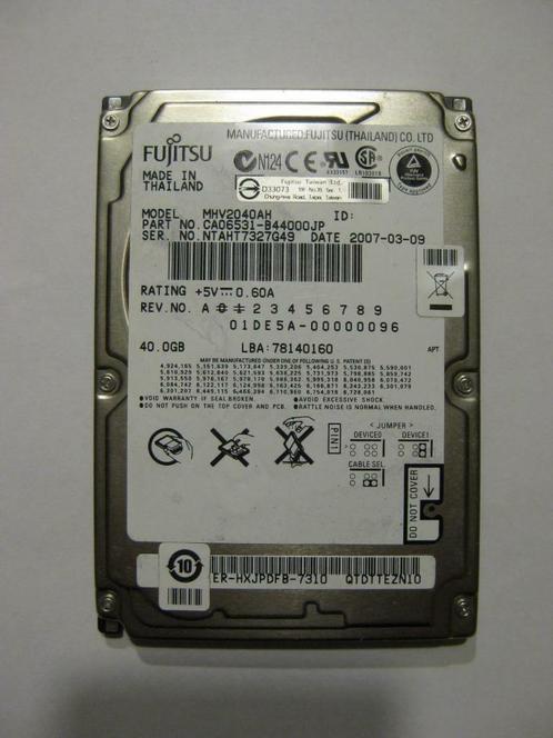 Fujitsu 40GB 2,5" IDE 5400rpm laptop harddisk, Computers en Software, Harde schijven, Gebruikt, Laptop, Intern, HDD, IDE, Ophalen of Verzenden